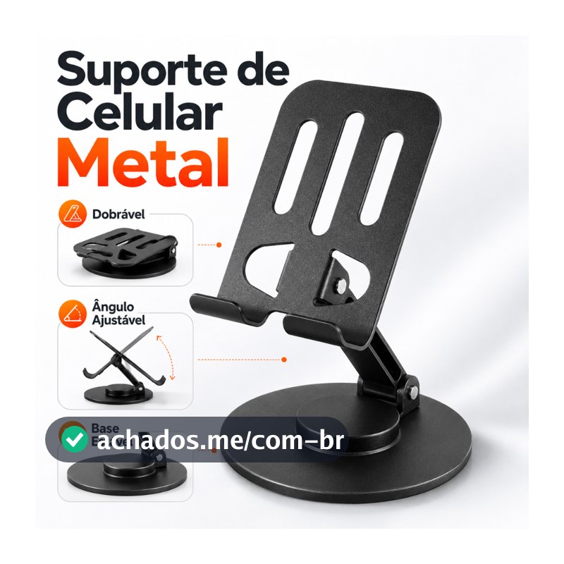 Suporte Alumínio de Mesa Base Rotatória Ajustável 360º Para Smartphones e Tablets