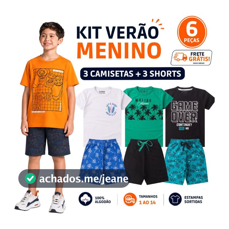 Kit 6 Peças de Roupa Infantil Menino  100% Algodão Verão Camiseta Shorts Tam 1 ao 14