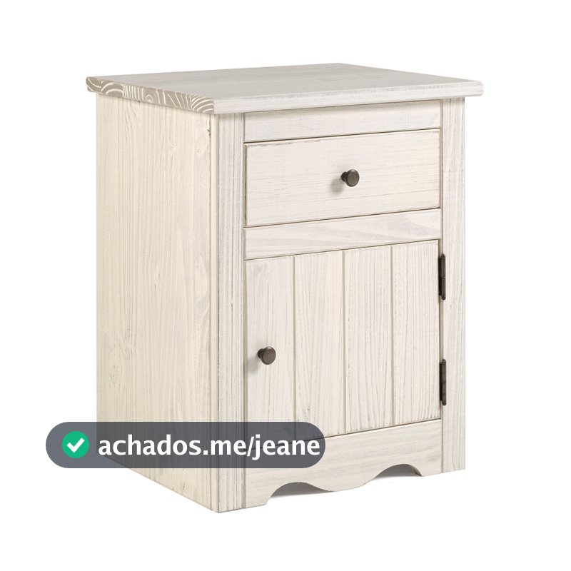 Mesa de Cabeceira de Madeira Maciça com 1 Porta e 1 Gaveta Branco Envelhecido – Linha Farm | Pense Dentro da Caixa