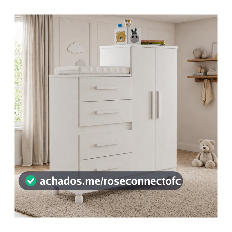 Cômoda Roupeiro Infantil 4 Gavetas com Porta e Cabideiro Trocador Bebê Branco Quarto Completo