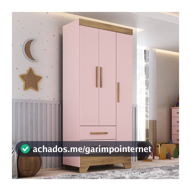 Guarda Roupa Infantil 3 Portas 2 Gavetas Rosa/Natural Tic Tac Espresso Móveis Rosa Fosco/Natural