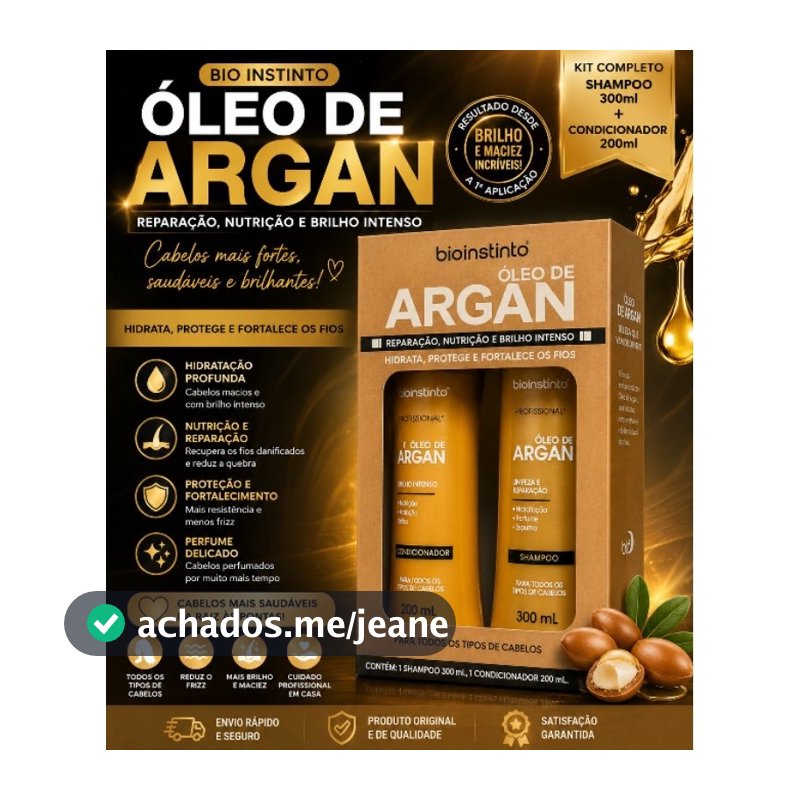Kit Bio Instinto Óleo de Argan Shampoo 300ml + Condicionador 200ml | Hidratação, Nutrição, Reparação e Brilho Intenso