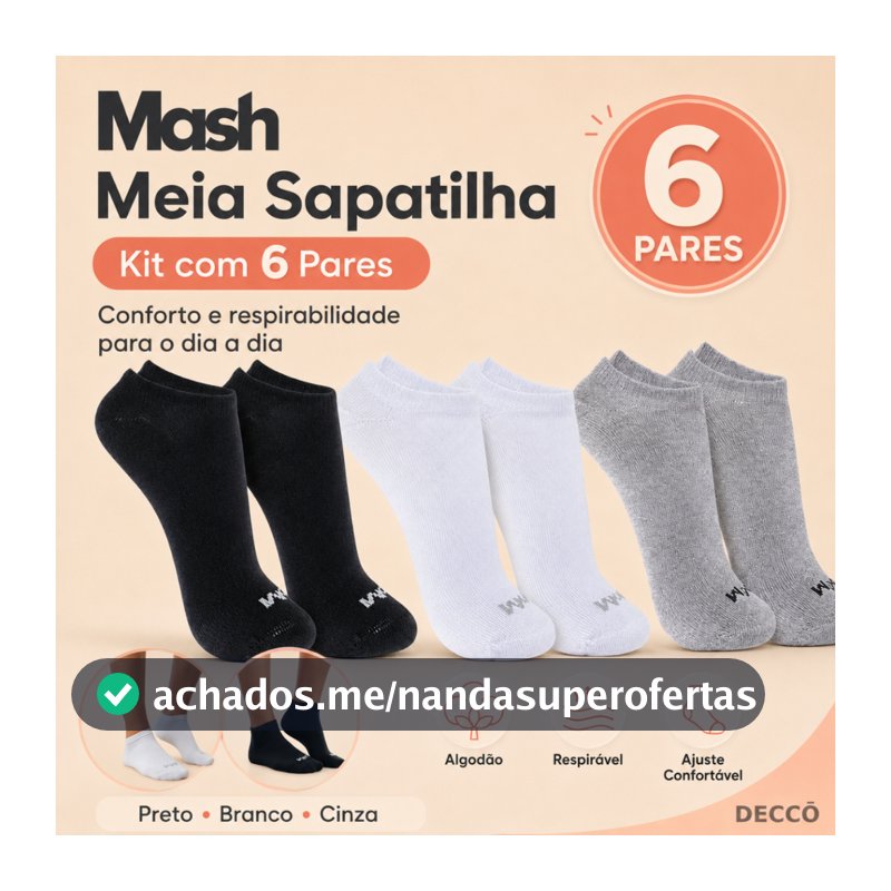 Kit Com 6 Pares de Meias Sport Mash Cano Curto em Algodao Unissex Para Corrida Caminhada