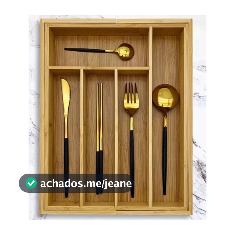 Porta Talheres Gaveta Bambu 7 Divisórias Extensível Ajustável Organizador Talheres Madeira