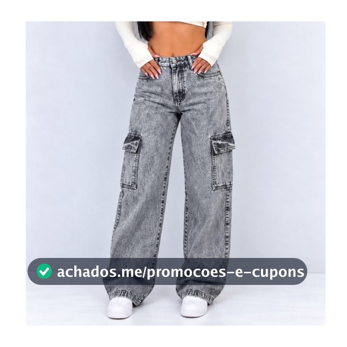 Calça Cargo Jeans Feminina Wide Leg Cintura Alta Levanta Bumbum Bolsos Laterais Modeladora Premium Tendência 2026 ENVIO
