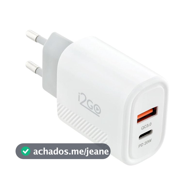 Carregador De Parede Turbo i2GO 1 USB-C 20w + 1 USB-A 18w Power Delivery