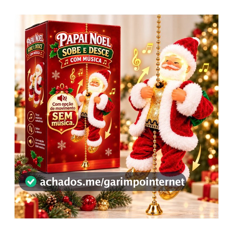 Boneco Papai Noel Sobe E Desce Corda Musical Canta Movimento Decoração Natal