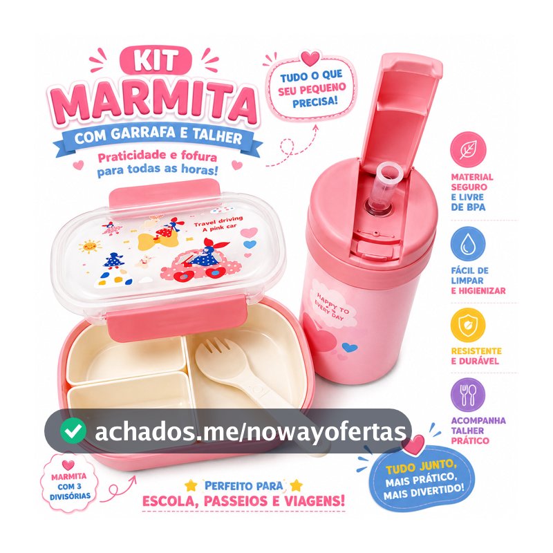 Kit Marmita Infantil com Copo 250ml Canudo e Cordinha Talher e 3 Divisórias Removíveis Escolar Fácil