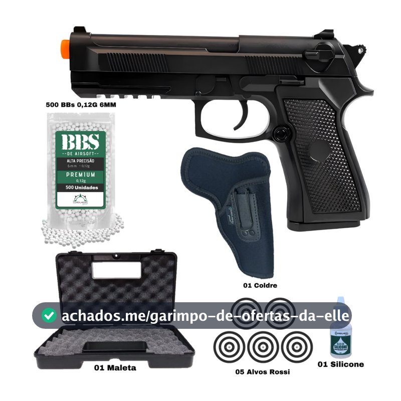 Pistola de Airsoft Rossi Pt92 V21 Spring Mola 6mm Acessórios Completos BBs Alvo M92