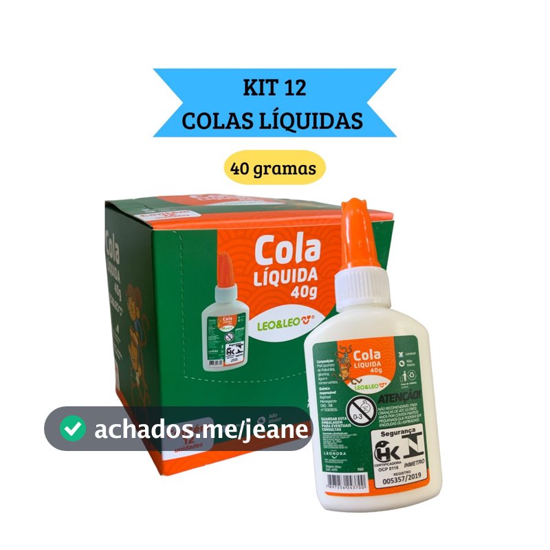 kit 12 Cola Líquida Branca Escolar 40g com espátula Leo&Leo