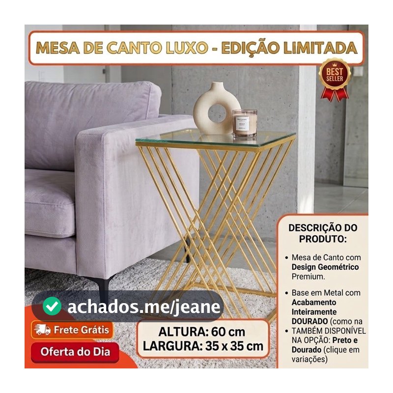 Mesa Lateral Dourada com Tampo de Vidro | Mesa de Canto Moderna Luxo para Sala e Escritório