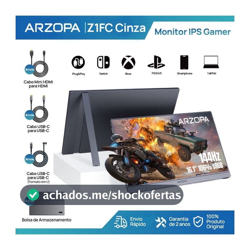 Monitor Gamer Portátil ARZOPA 16.1" 1080P, 144Hz, 106% sRGB, HDR, para Mac, PC, Switch e PlayStation