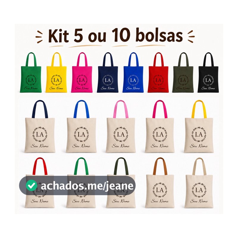 Kit com 10 ou 5  bolsas personalizadas com LOGO e Nome variados 33x36. Impermeável