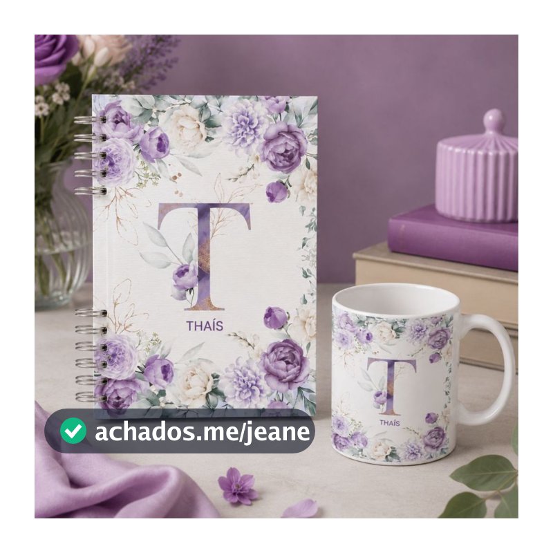 Caderno A5 com Nome + Caneca Inicial Roxa Capa Dura 100 Folhas Presente Personalizado lilas