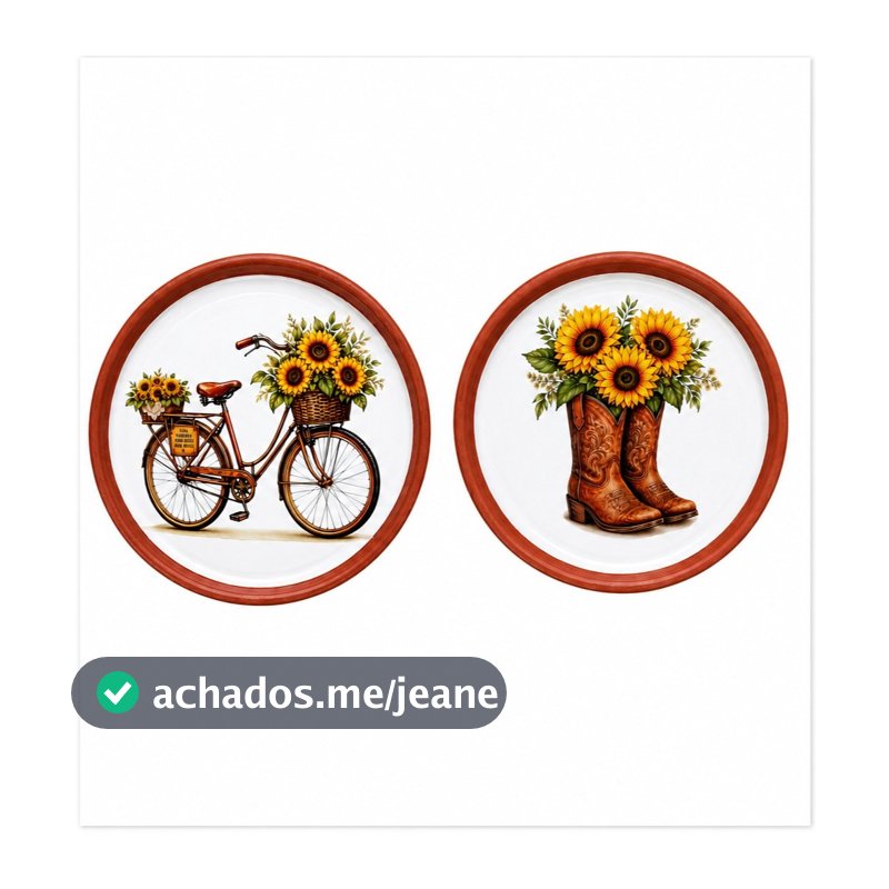 Kit 02 Pratos decorativos 19cm diâmetro cerâmica, decoração de parede,Retrô, Contryn, Bota, Bicicleta, Enfeite parede.