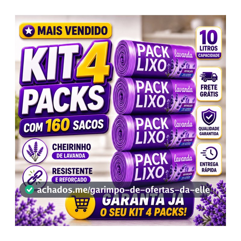 Kit 4 Rolos Sacos de Lixo 10L 160 Unidades Perfumado Cheiroso Lavanda Tira Odores Pia Banheiro