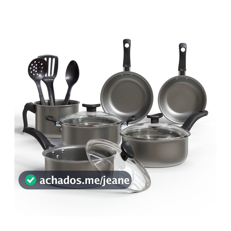 Jogo Panelas 9 Pecas Completo Cinza Tampa Vidro Antiaderente Escumadeira Silicone Utensilios Cozinha