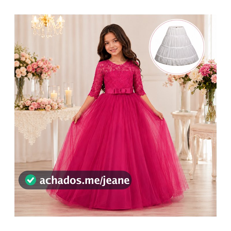 Vestido Longo Infantil + Saiote Armação Festa Daminha Renda