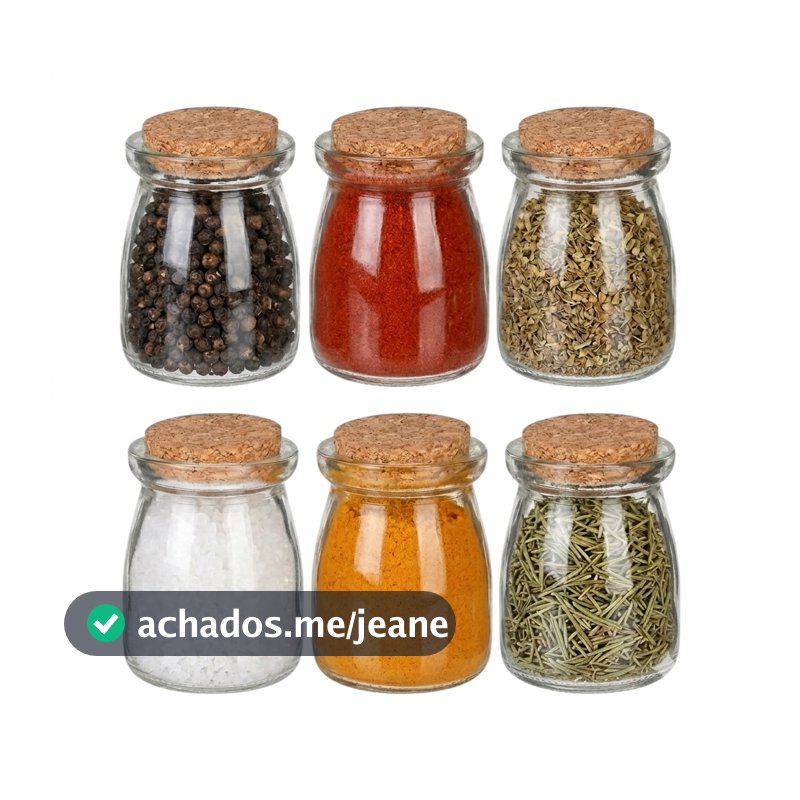Kit 6 Potes de Vidro 100ml com Tampa de Cortiça para Organização de Temperos e Condimentos