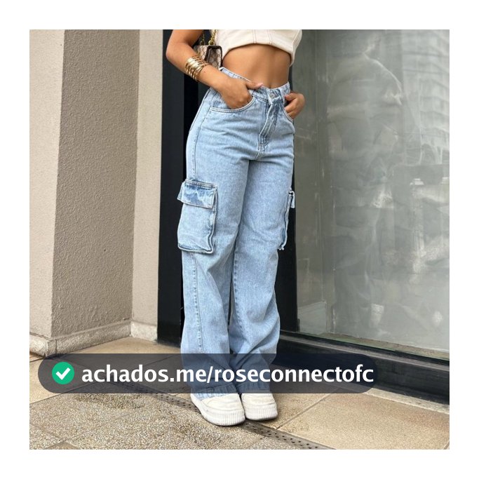 Calça Cargo Jeans Wide Leg bolso fofu Feminina Tendência Moda Street Tecido Algodão Premium