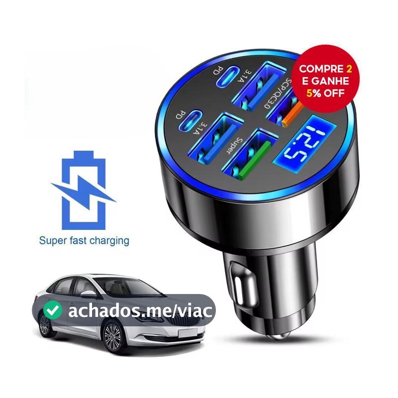 Adaptador de Carro de Carregamento Rápido 6 em 1 3.1A Display Digital Duplo Tipo C para Smartphones, Tablets e Power