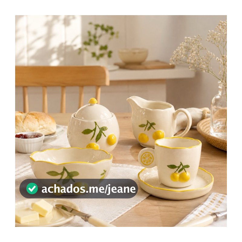 Peças Limoncello 3D de Porcelana Mesa Posta — Bowl; Xícara Com Pires; Leiteira e Açucareiro Com Design Limão Siciliano