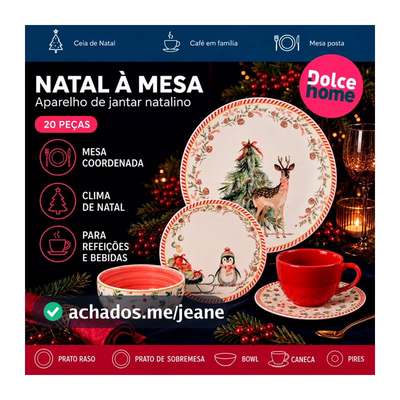 Aparelho de Jantar Natalino Ilusion 20 Peças Jogo de Pratos Xícaras e Pires Papai Noel