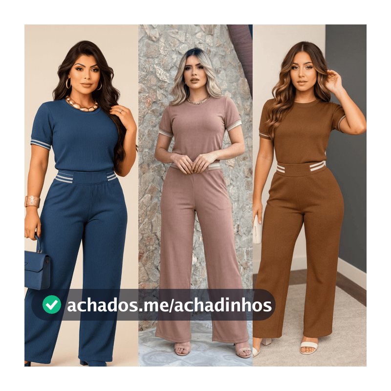 Conjunto Calça Pantalona e Blusa T-shirt Camiseta Feminina Malha Canelada