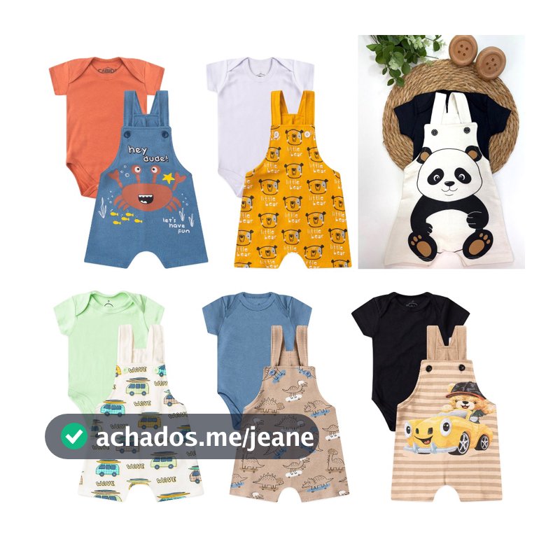 Kit 3 Conjuntos 6 Peças Jardineira Bebê Menino Verão Manga Curta Body/Jardineira