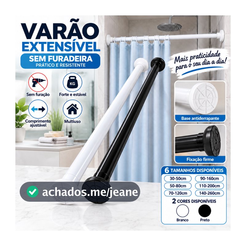 Varão Extensível de Pressão Sem Furar paraCortina de Banheiro e Janela Branco/Preto 6Tamanhos