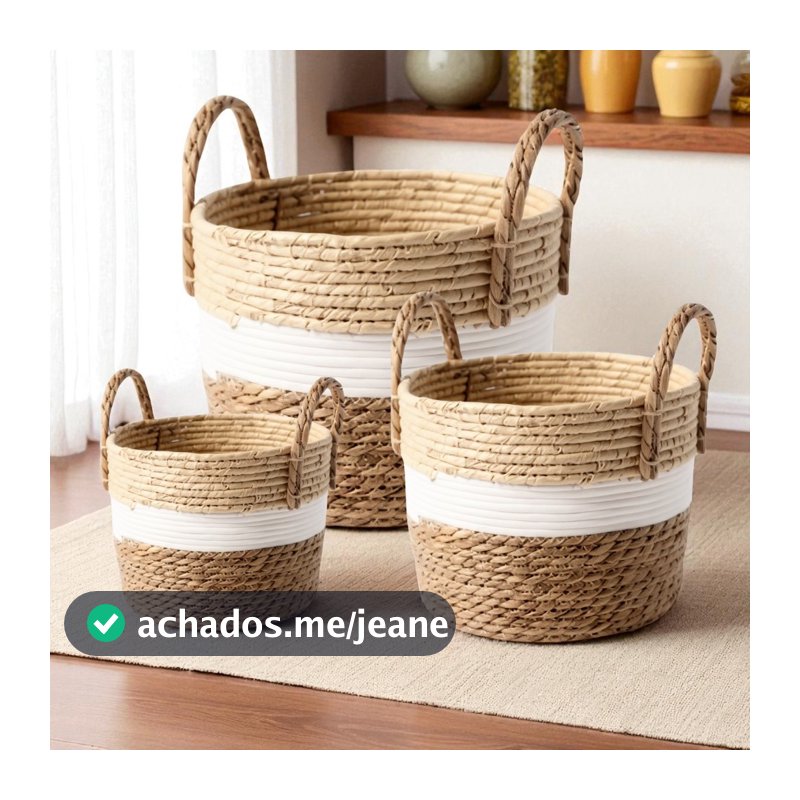 Kit 3 Cestos ou Vaso Palha Rattan Cachepot Vime Boho Decoração Rustico Plastificado
