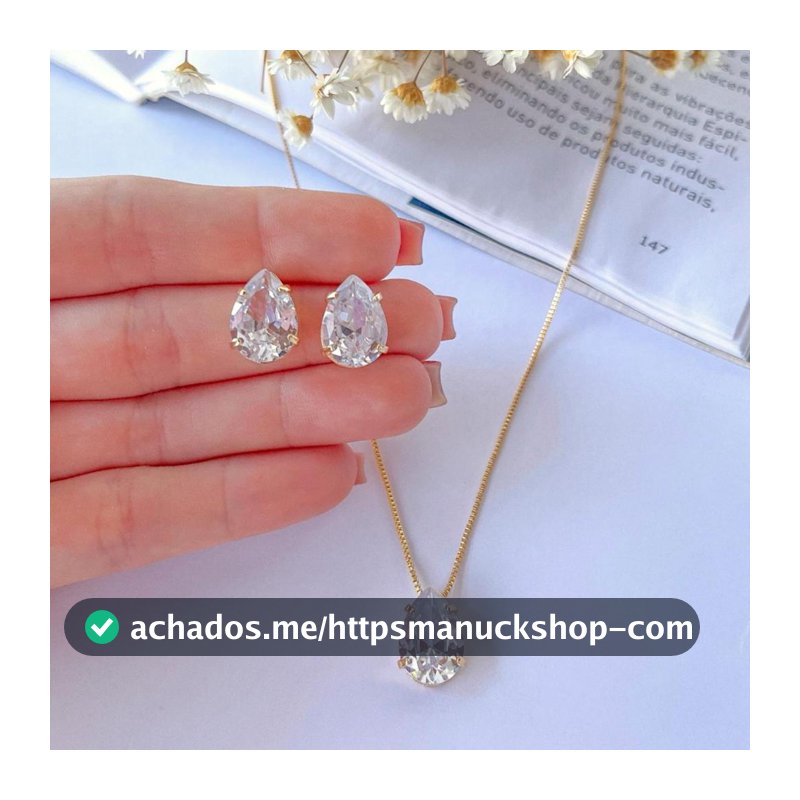 Colar e Brinco Gota Cristal Banhado A Ouro 18K Antialérgico