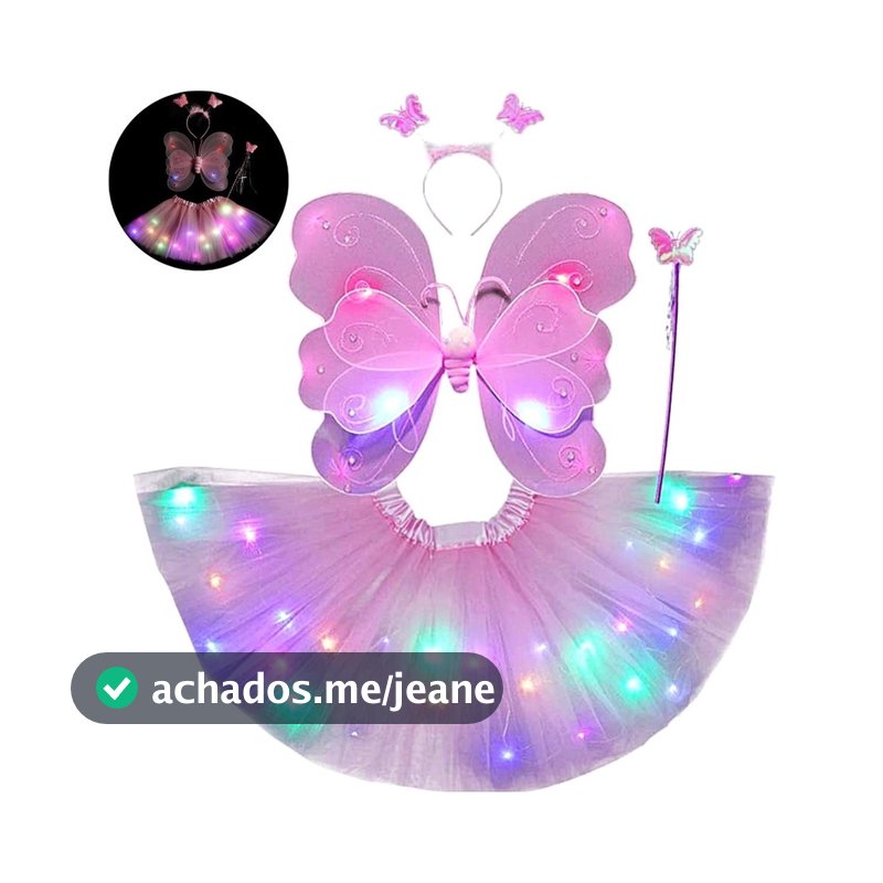 Fantasia infantil Menina rosa com Led fada bailarina Asas saia tiara