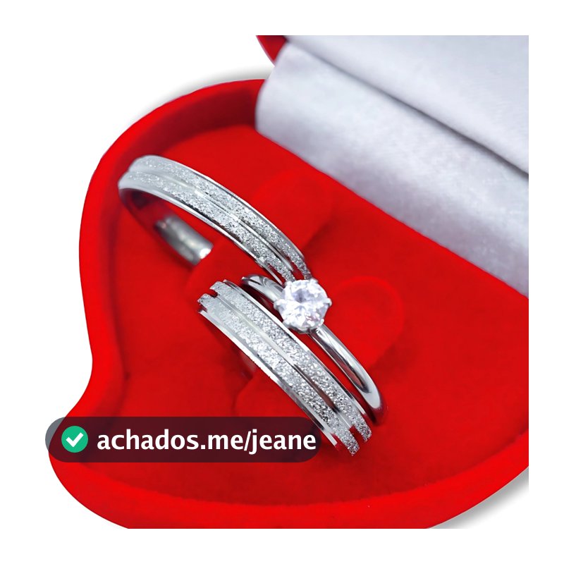 Aliança de Namoro Par Compromisso com Solitário e Caixa de Veludo Noivado Diamantada Aço Inox Prata