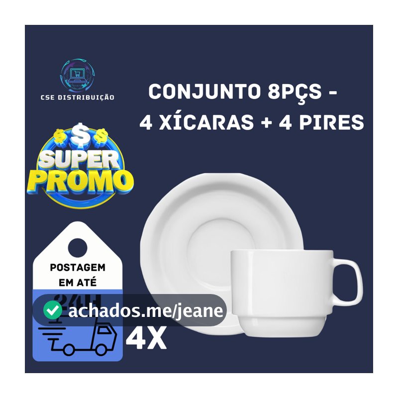 Kit Café 8 Pçs - 4 Xícaras Porcelana Branca 200ml + 4 Pires Porcelana Branca (envio imediato)
