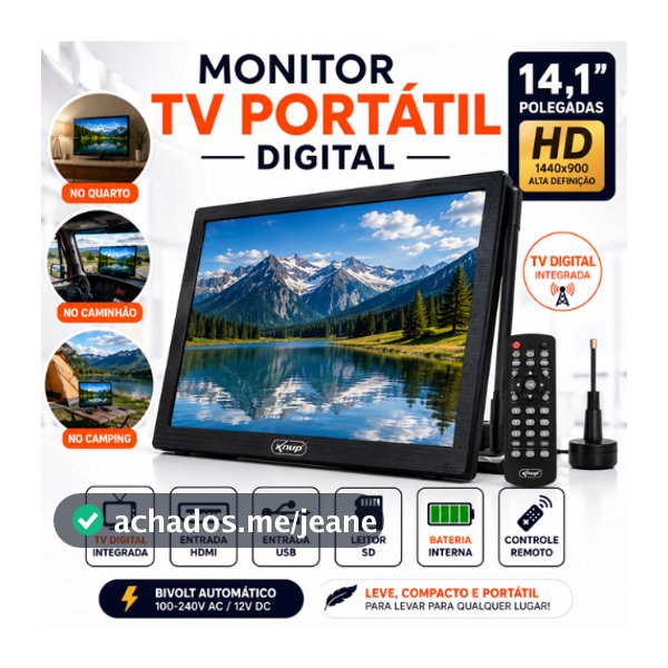 TV Portátil 14.1 Polegadas Digital HD LCD HDMI USB Monitor Portátil TV Digital Integrada Controle Remoto Antena Bivolt