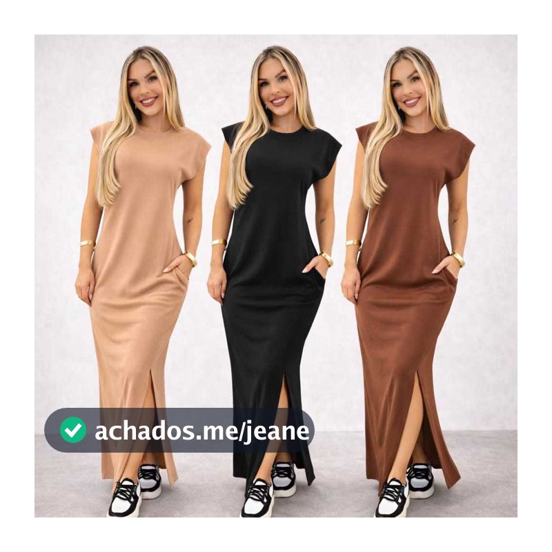 Vestido Feminino longo casual basico RIBANA canelada manga muscle moda gringa com fenda lateral com bolsos