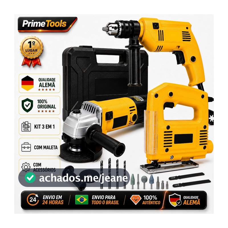 Kit 3 em 1 Furadeira de Impacto 1100W + Esmerilhadeira Angular 1200W + Serra Tico-Tico 950W com Maleta