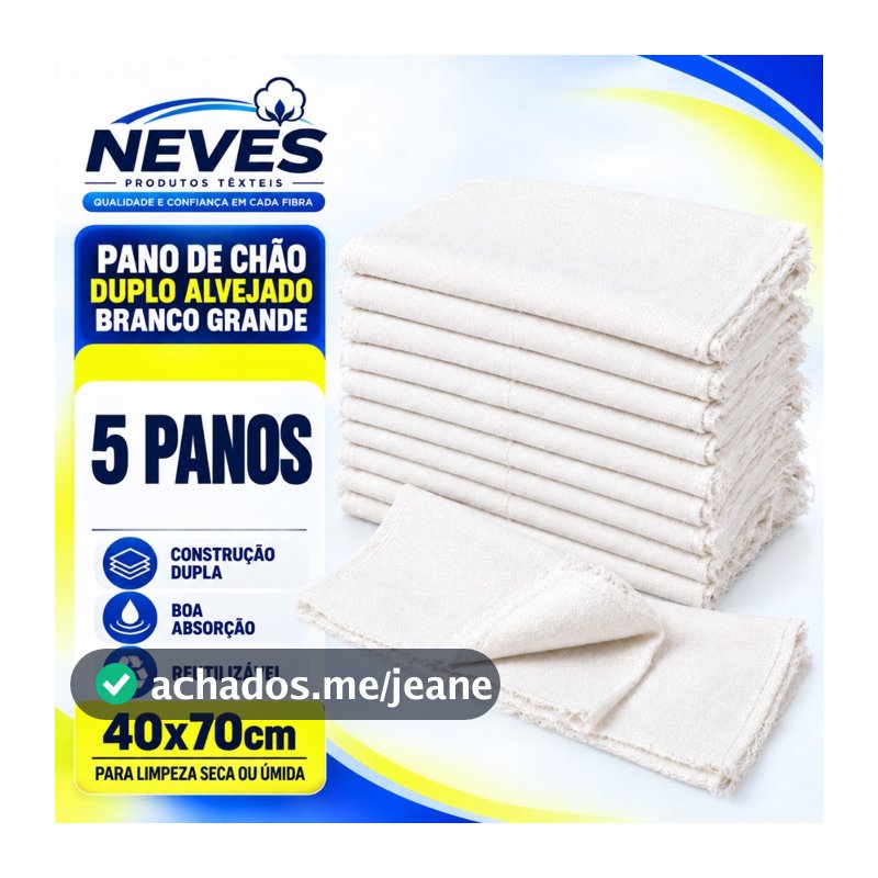 Pano De Chão Alvejado Branco Neves 100% Algodão - 40x70cm - Kit Com 5un