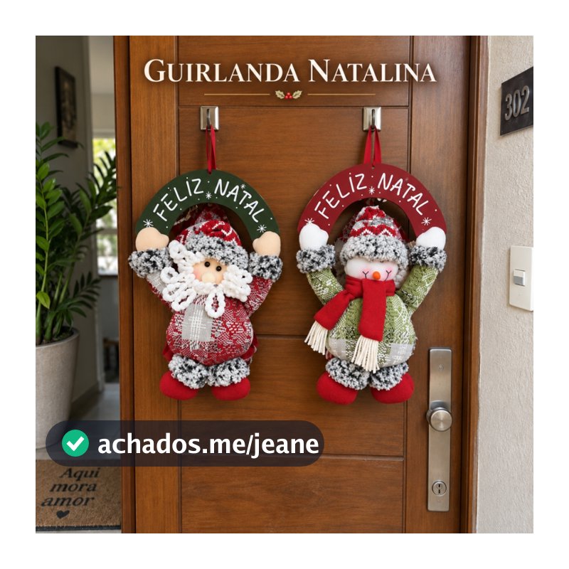 Guirlanda Natalina Feliz Natal Papai Noel e Boneco de Neve 23x37cm Enfeite Decorativo para Porta