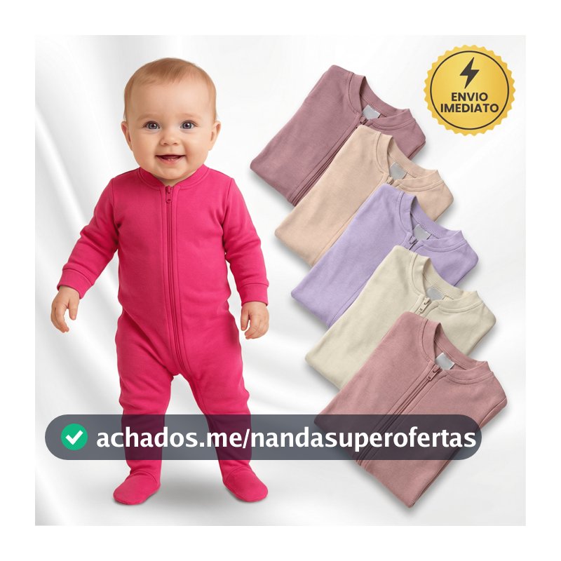 Kit 5 Macacão Menina Liso Bebê Algodão Zíper Vira Pé Inverno Infantil Macio Macacões