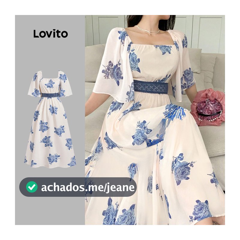 Lovito Floral Elegante Vestido de Renda Bloco de Cores Primavera/verão Vestido Azul e Branco Delicado Feminino Bordado LBL27028