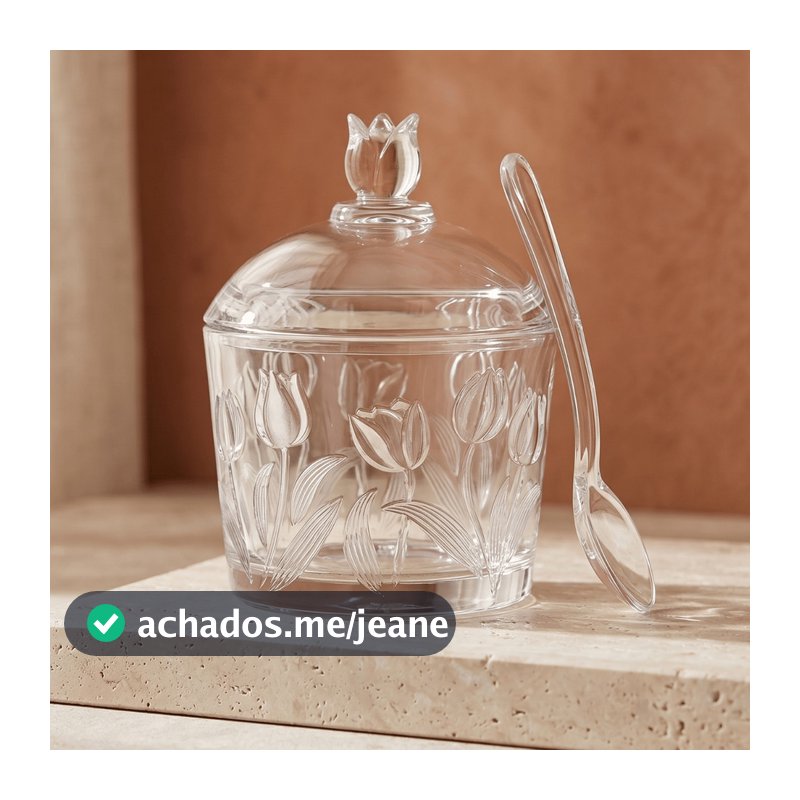 Acucareiro De Vidro Com Tampa Flor Tulipa E Colher Mesa Posta Cafe Da Manha Vintage 230ml Classico