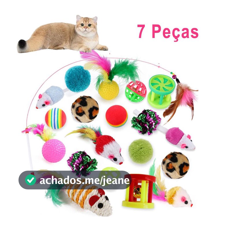 Kit 7 Brinquedos Interativos para Gatos Ratinho Bolinha com Varinha de Pena Interativos para Gatos Anti-Stress