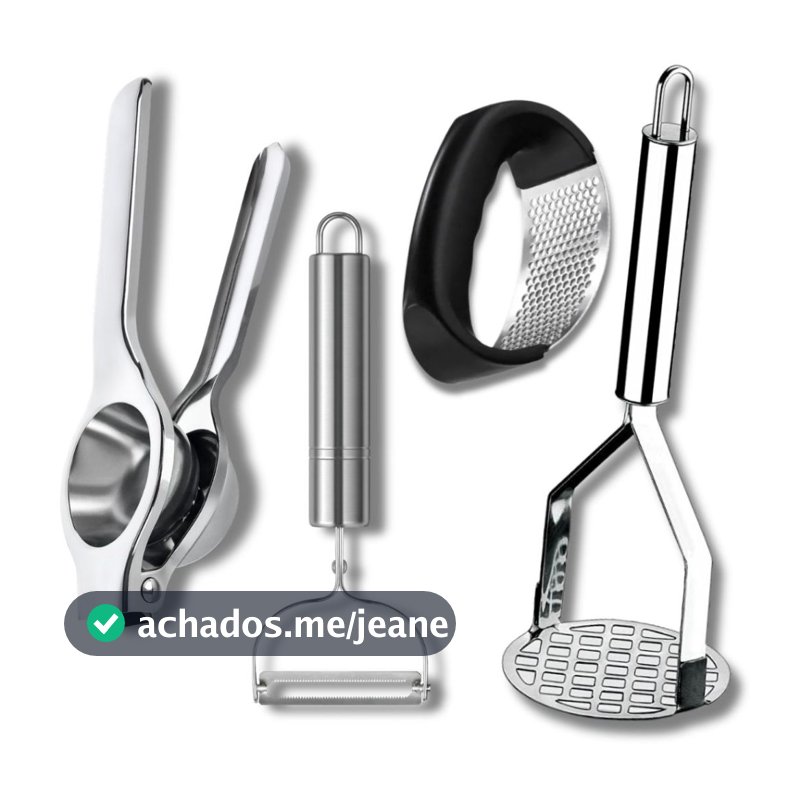 Kit Cozinha Descascador de Legumes Amassador de Batatas Espremedor de Limão e Alho em Aço Inox