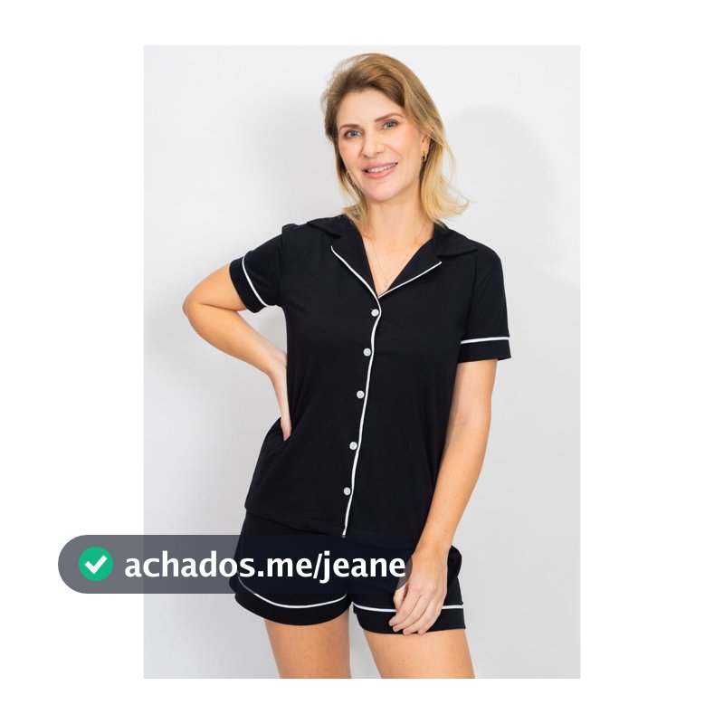Pijama Feminino Americano Manga Curta Botões Frente Algodão Pós-Cirúrgico Amamentação Verão - Preto
