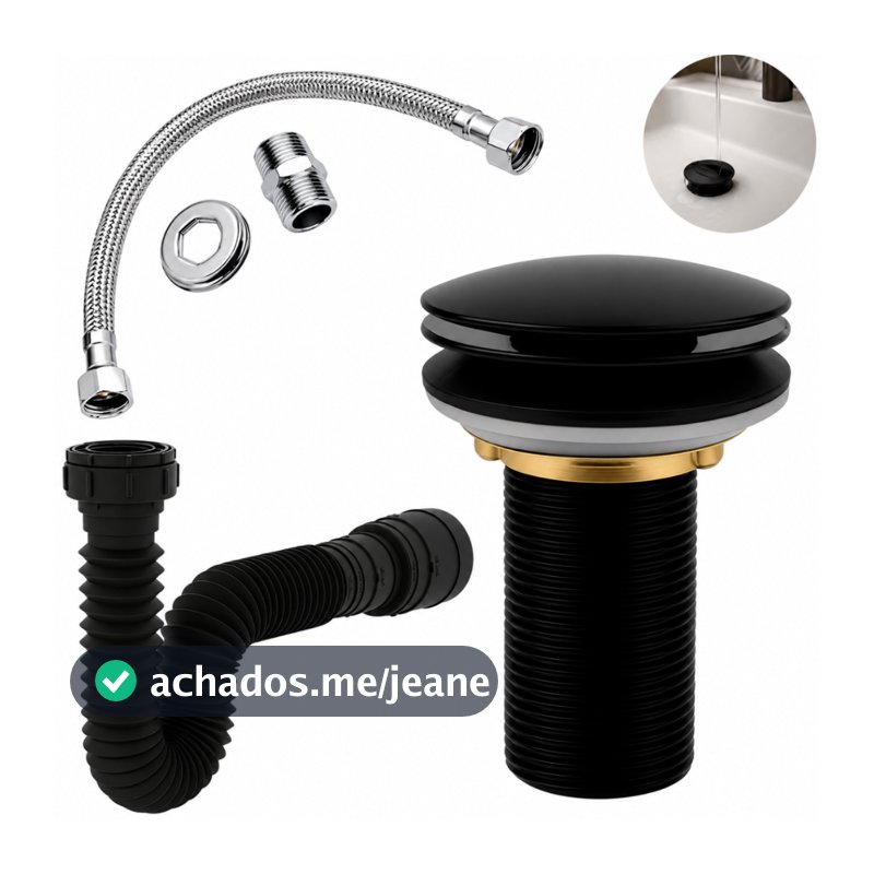 Kit Banheiro Válvula Ralo Click 7/8 Preta Sifão 72cm Engate Rabicho Flexível 40cm