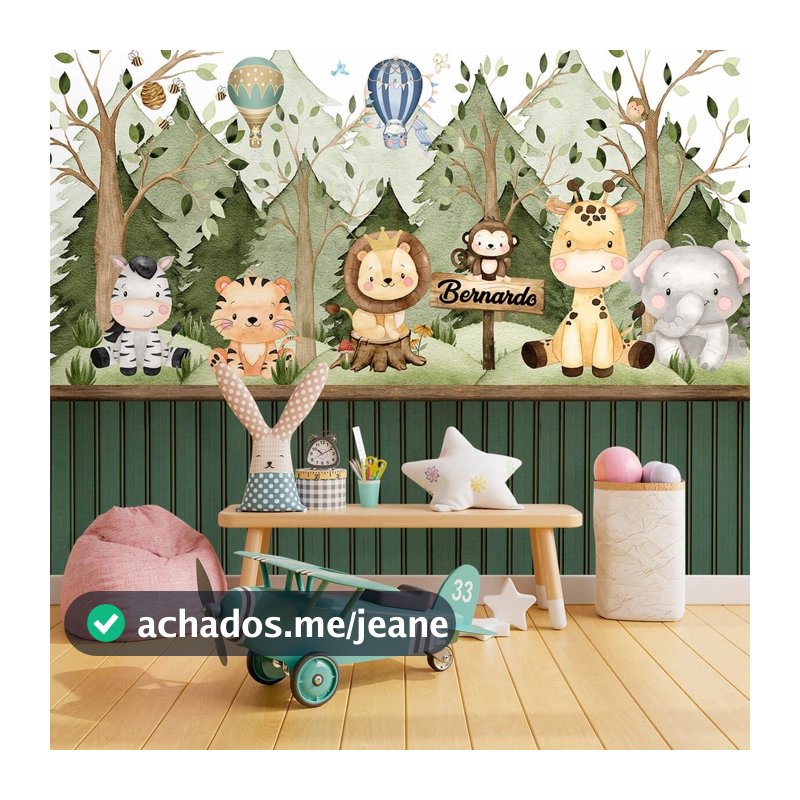 Papel de Parede Personalizado Safári Encantado Personalize com o Nome que Desejar Quarto Infantil