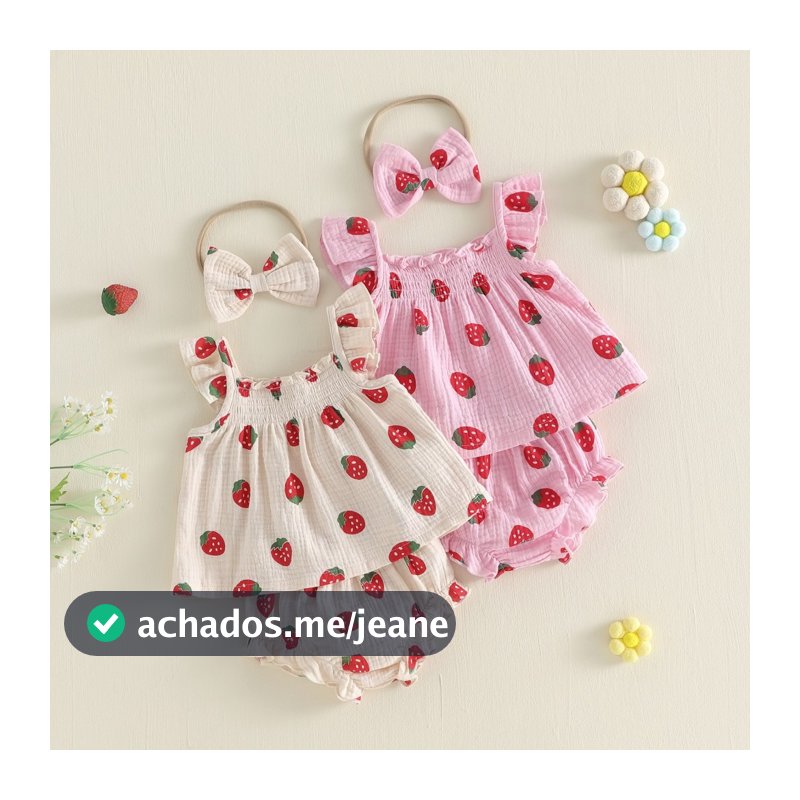 Roupa De Verão Morango Para Bebês Meninas Manga Voadora Babydoll Tops Shorts Com Babados E Faixa De Cabeça Laço Conjunto