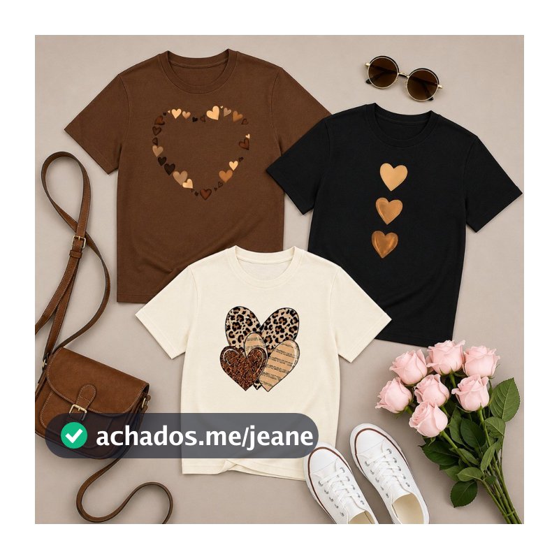 Kit 3 Camisetas Femininas Estampadas Corações Tendência Moda 100% Algodão